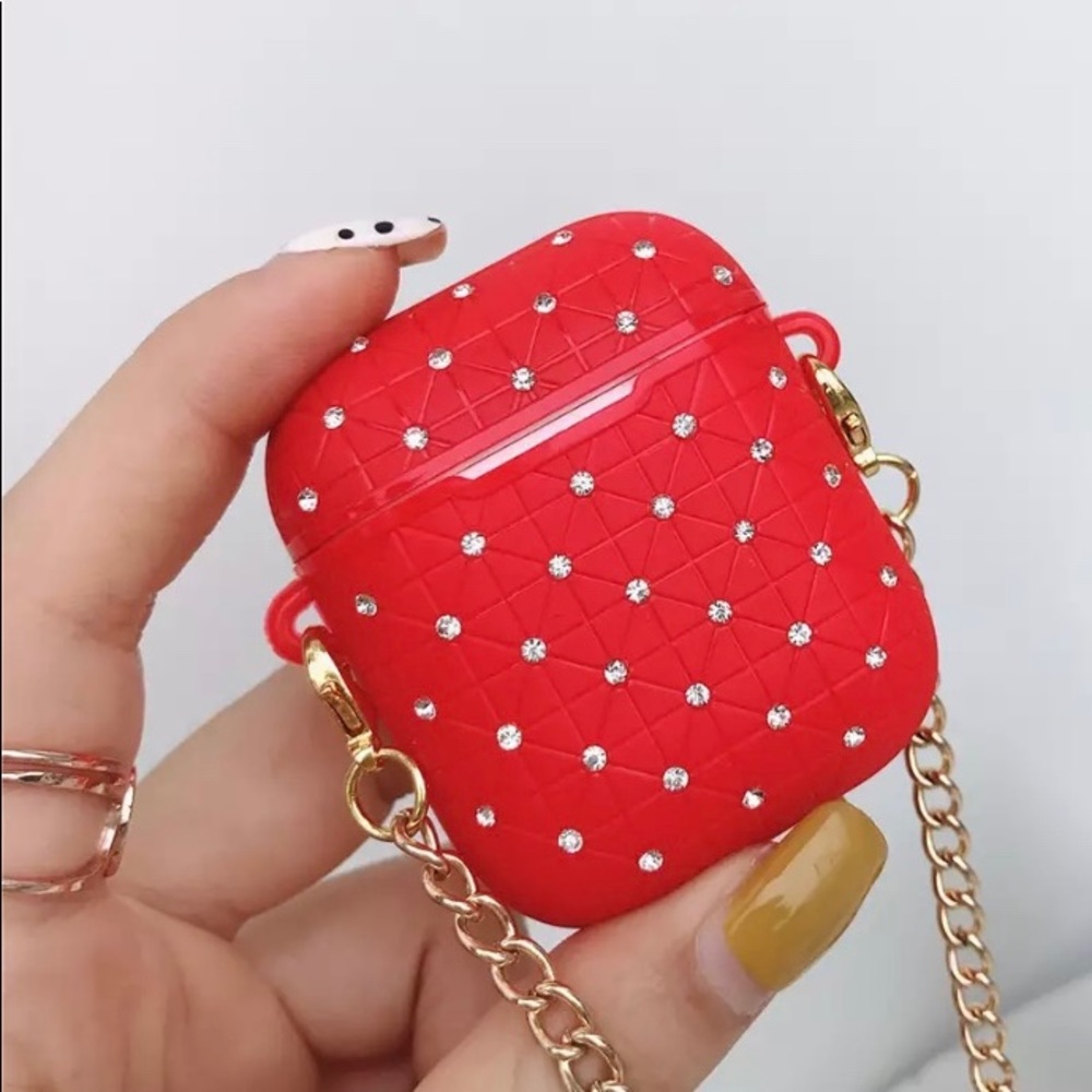 Fashionable Red Case with Diamonds Allover Chain Crossbody for AirPods